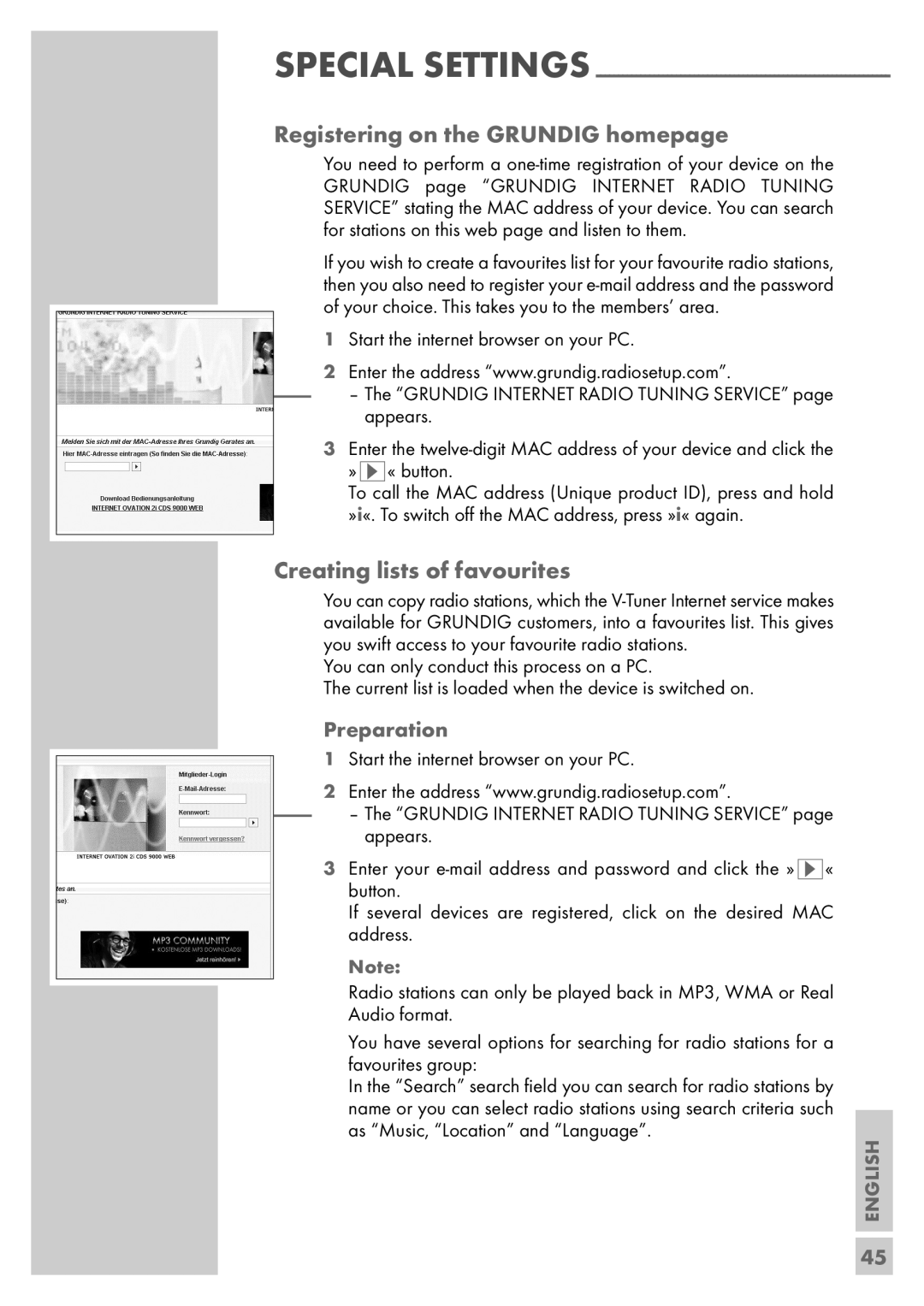 Grundig Sonoclock 890 WEB manual Registering on the GRUNDIG homepage, Creating lists of favourites, Preparation 
