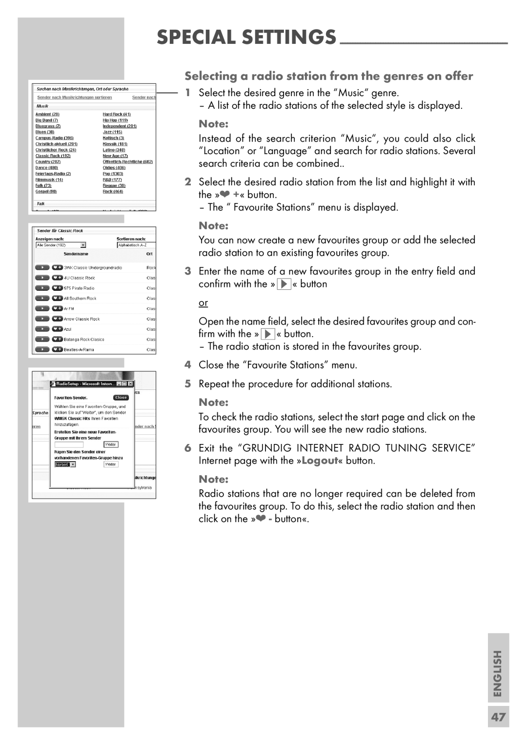 Grundig Sonoclock 890 WEB manual Selecting a radio station from the genres on oﬀer, English 