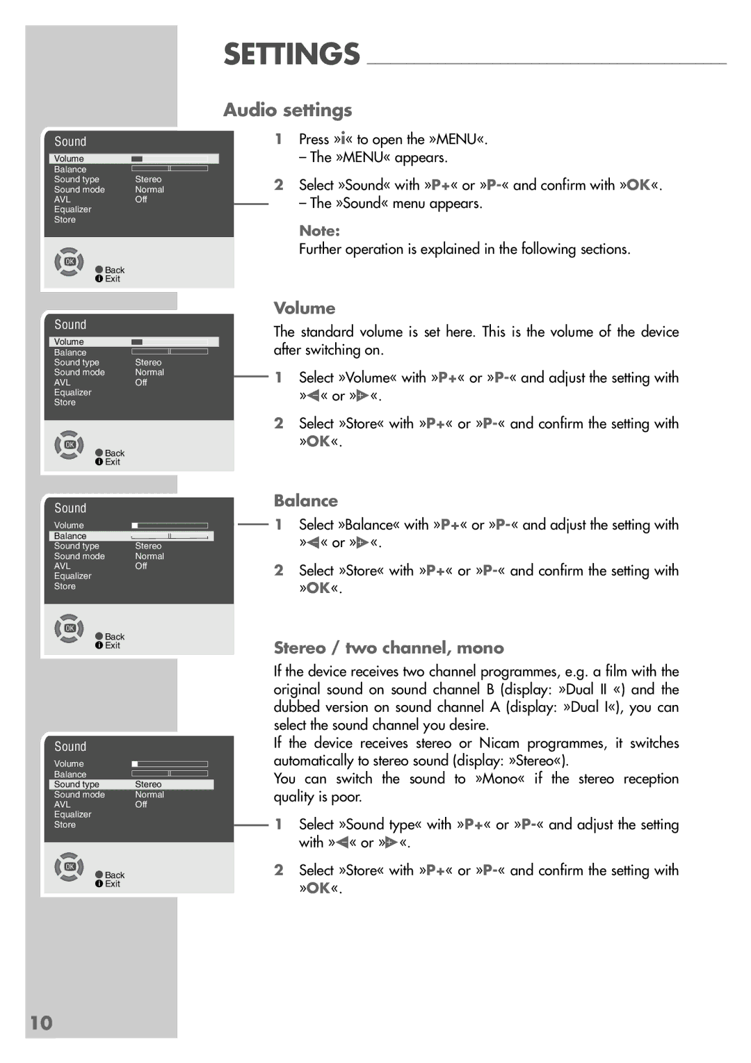 Grundig ST 55-2502/5 TOP manual Audio settings, Volume, Balance, Stereo / two channel, mono 