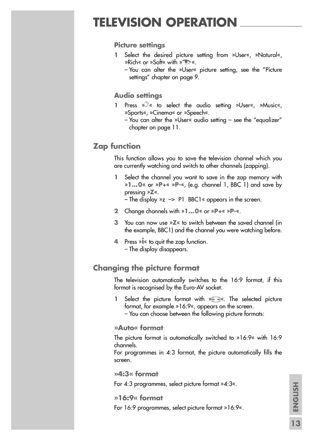 Grundig ST 55-2502/5 TOP manual Zap function, Changing the picture format 