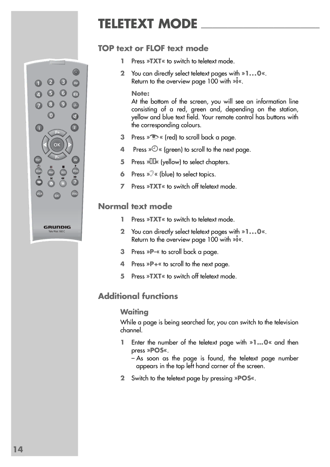 Grundig ST 55-2502/5 TOP manual TOP text or Flof text mode, Normal text mode, Additional functions, Waiting 