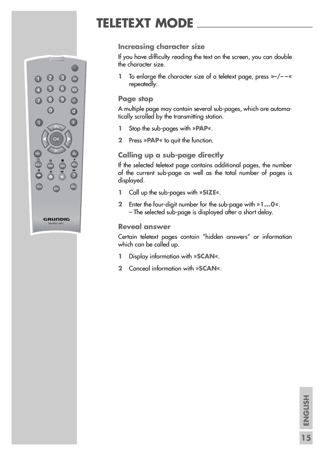 Grundig ST 55-2502/5 TOP manual Increasing character size, Stop, Calling up a sub-page directly, Reveal answer 