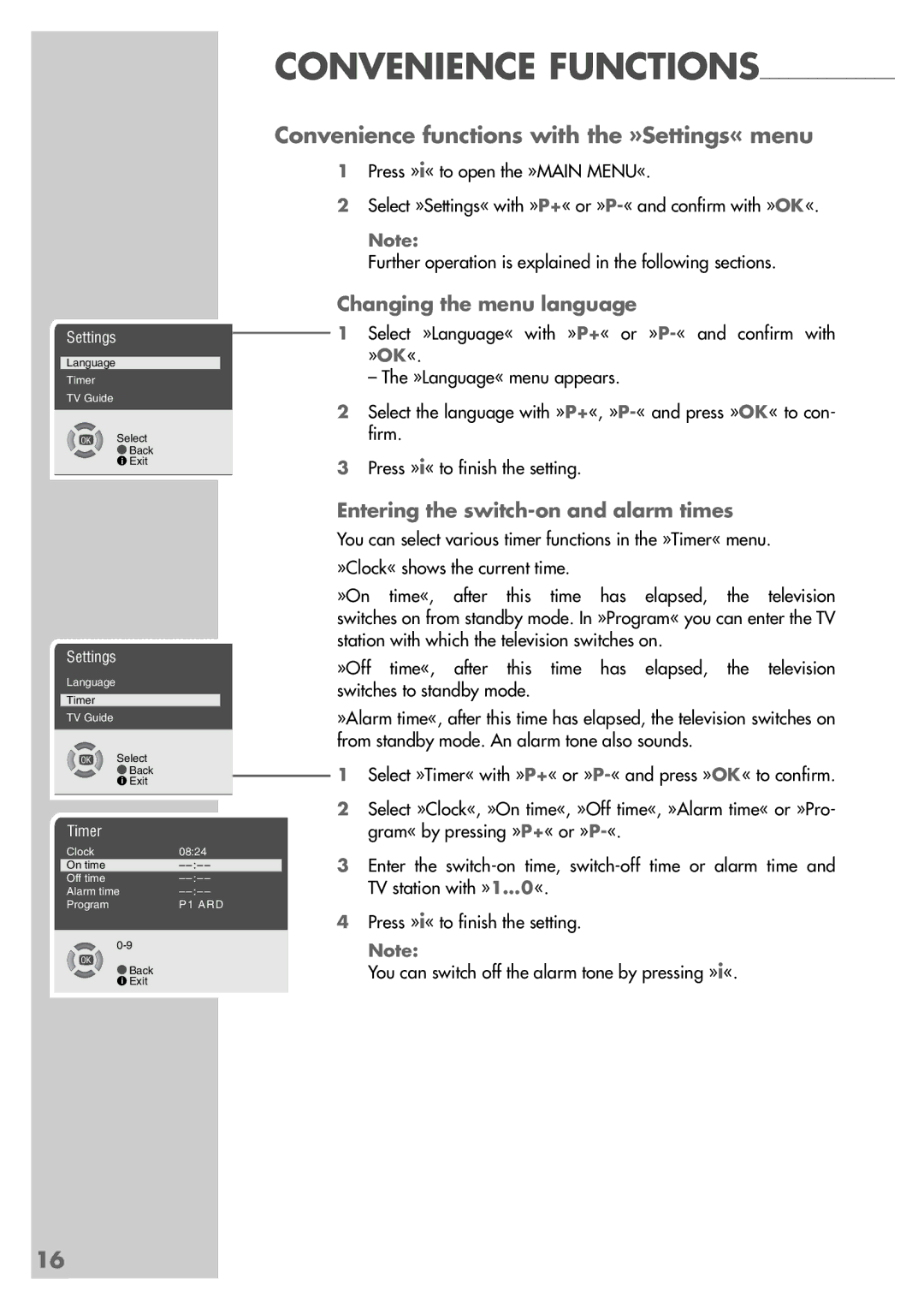 Grundig ST 55-2502/5 TOP manual Convenience functions with the »Settings« menu, Changing the menu language 