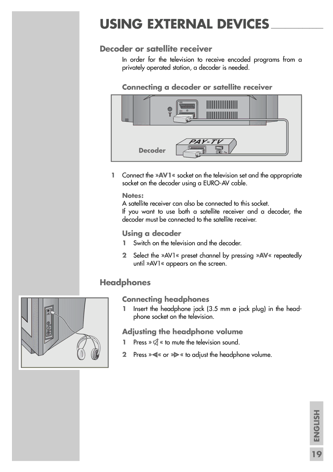 Grundig ST 55-2502/5 TOP manual Decoder or satellite receiver, Headphones 