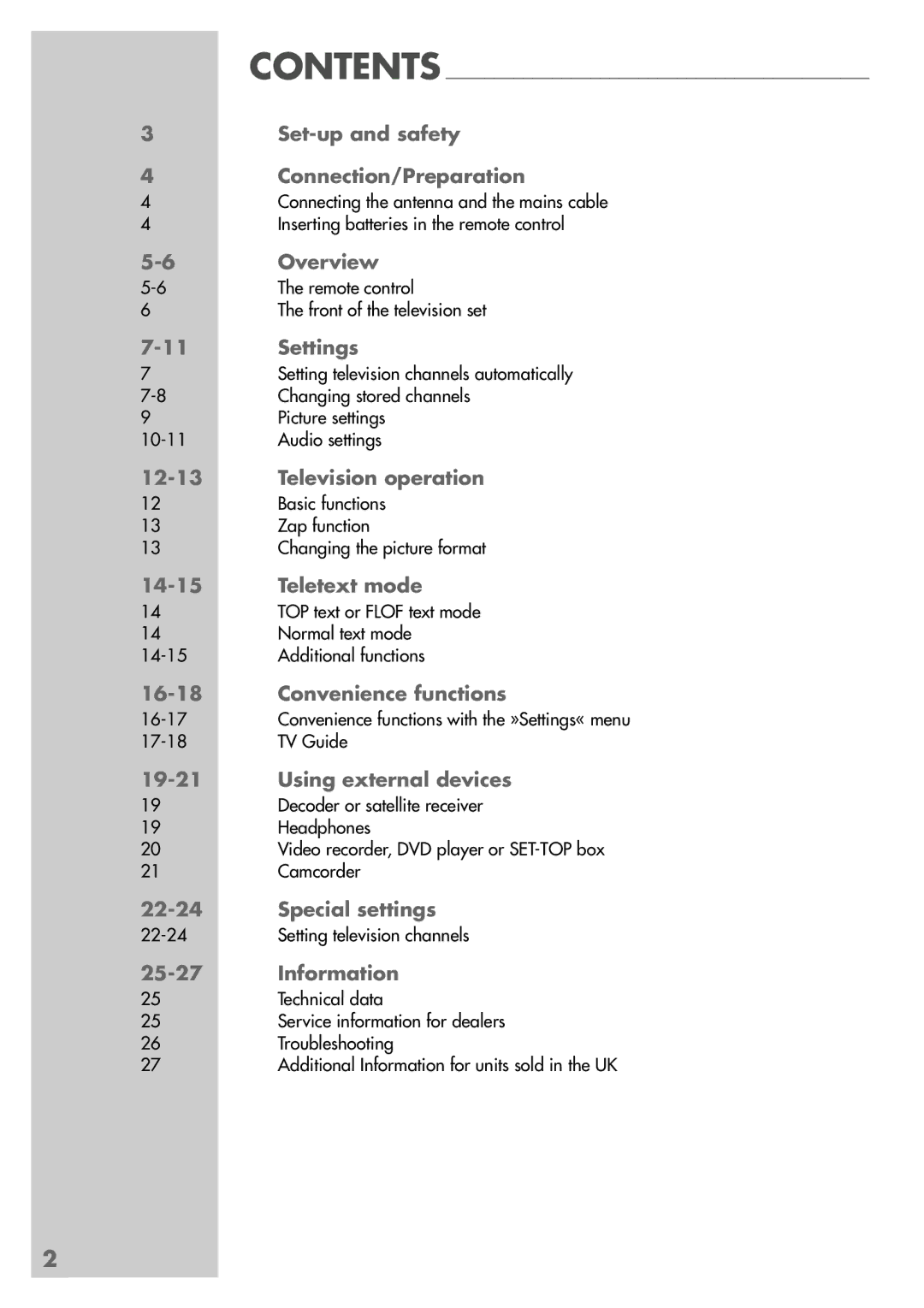 Grundig ST 55-2502/5 TOP manual Contents Set-up and safety Connection/Preparation, Overview, Settings, Television operation 