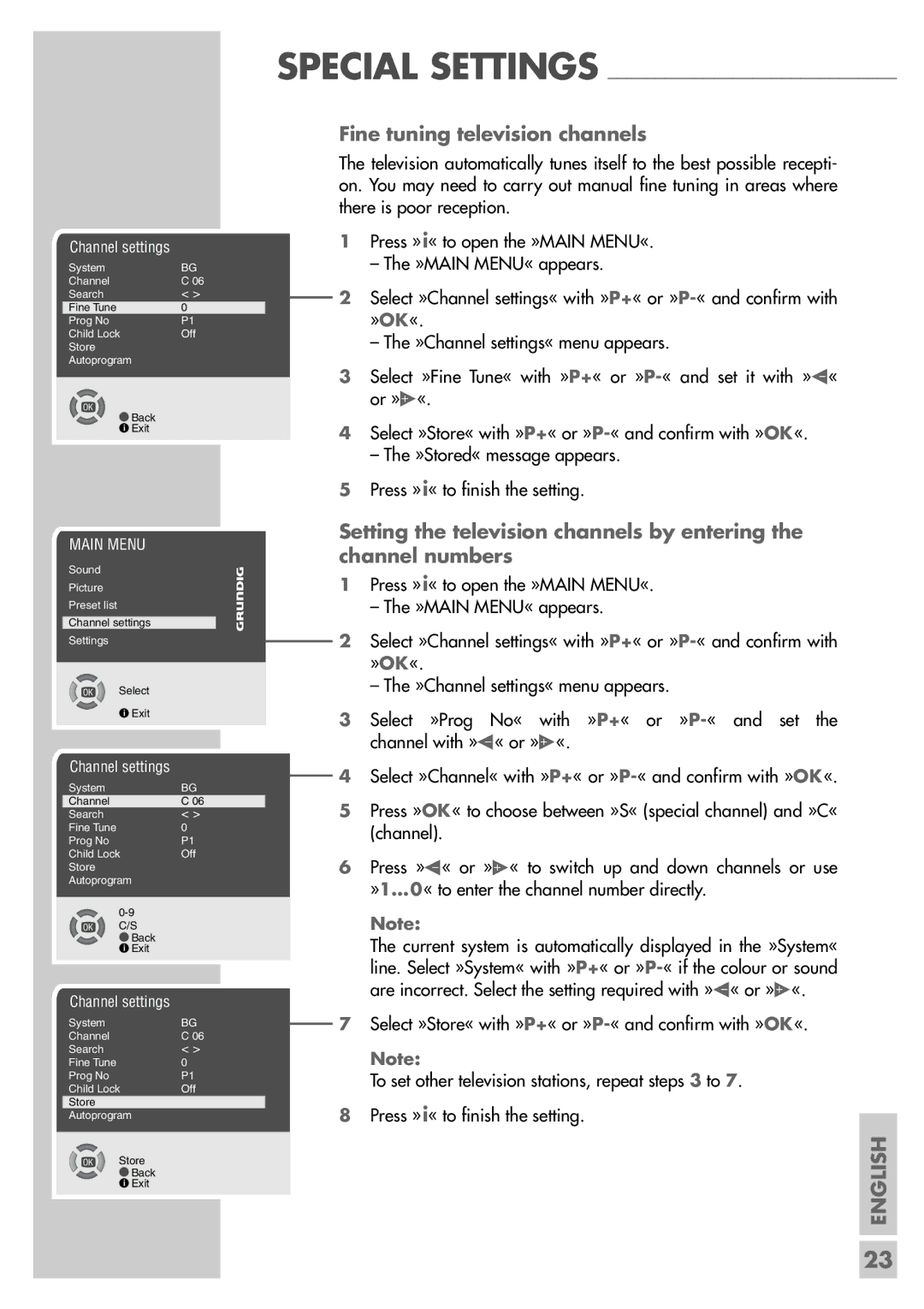 Grundig ST 55-2502/5 TOP manual Fine tuning television channels 