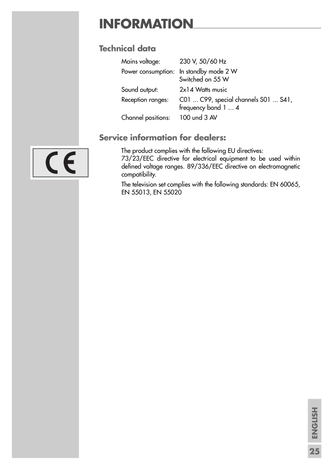 Grundig ST 55-2502/5 TOP manual Technical data, Service information for dealers 