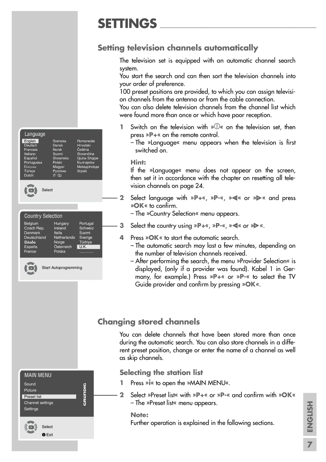 Grundig ST 55-2502/5 TOP Setting television channels automatically, Changing stored channels, Selecting the station list 