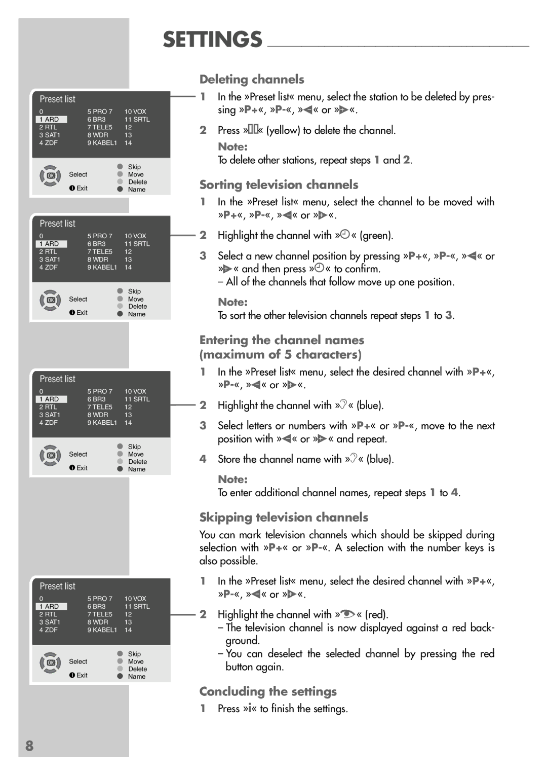 Grundig ST 55-2502/5 TOP manual Deleting channels, Sorting television channels, Skipping television channels 