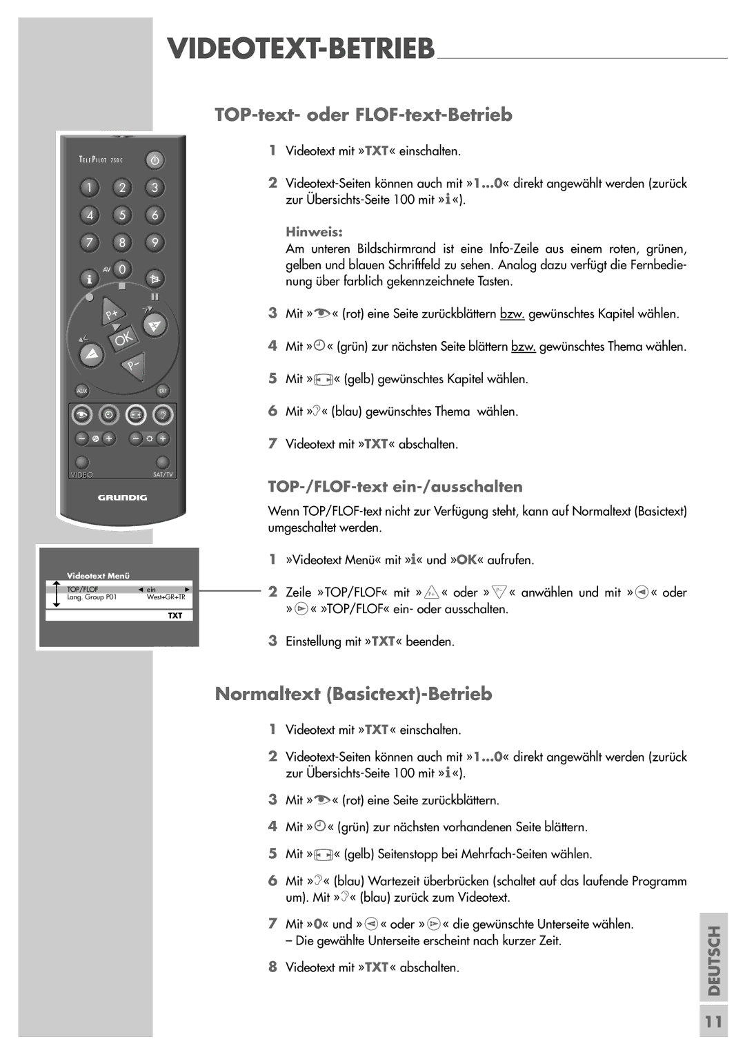 Grundig ST 55-839 manual TOP-text- oder FLOF-text-Betrieb, Normaltext Basictext-Betrieb, TOP-/FLOF-text ein-/ausschalten 