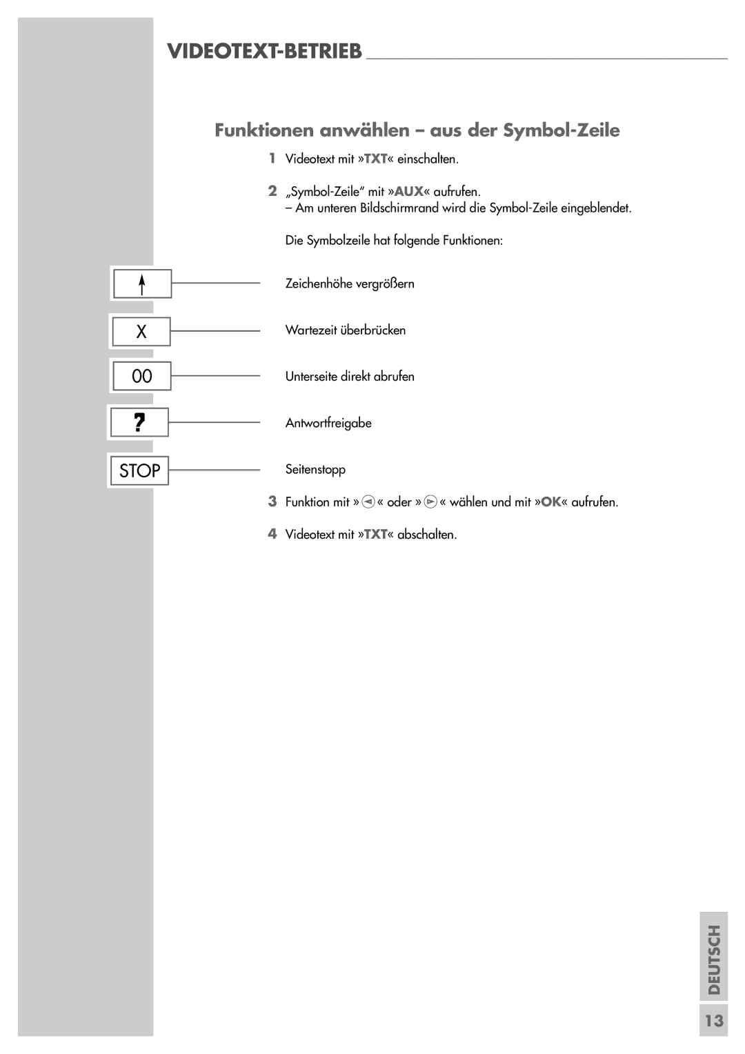 Grundig ST 55-839 manual Funktionen anwählen aus der Symbol-Zeile, Stop 