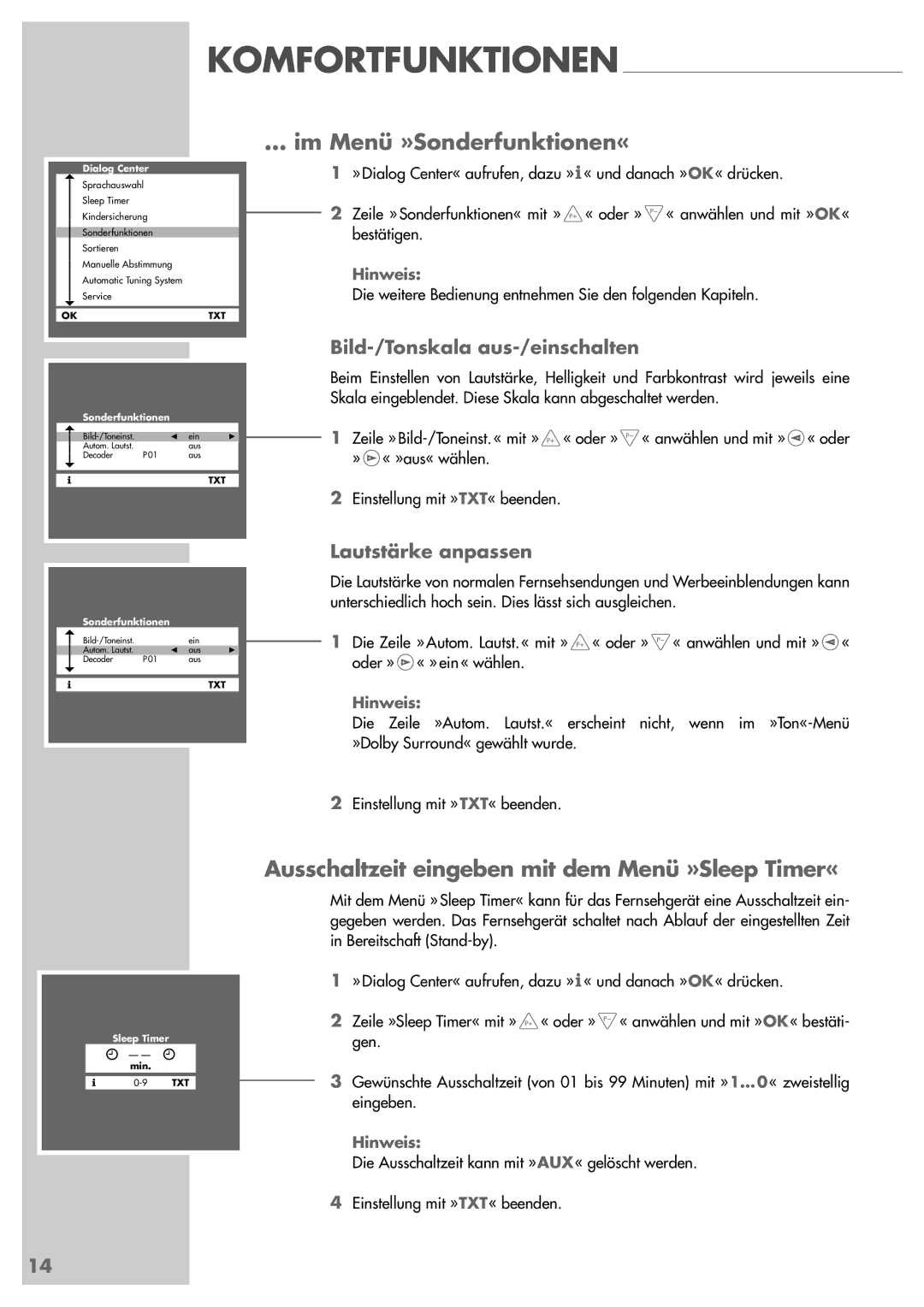 Grundig ST 55-839 manual Im Menü »Sonderfunktionen«, Ausschaltzeit eingeben mit dem Menü »Sleep Timer«, Lautstärke anpassen 