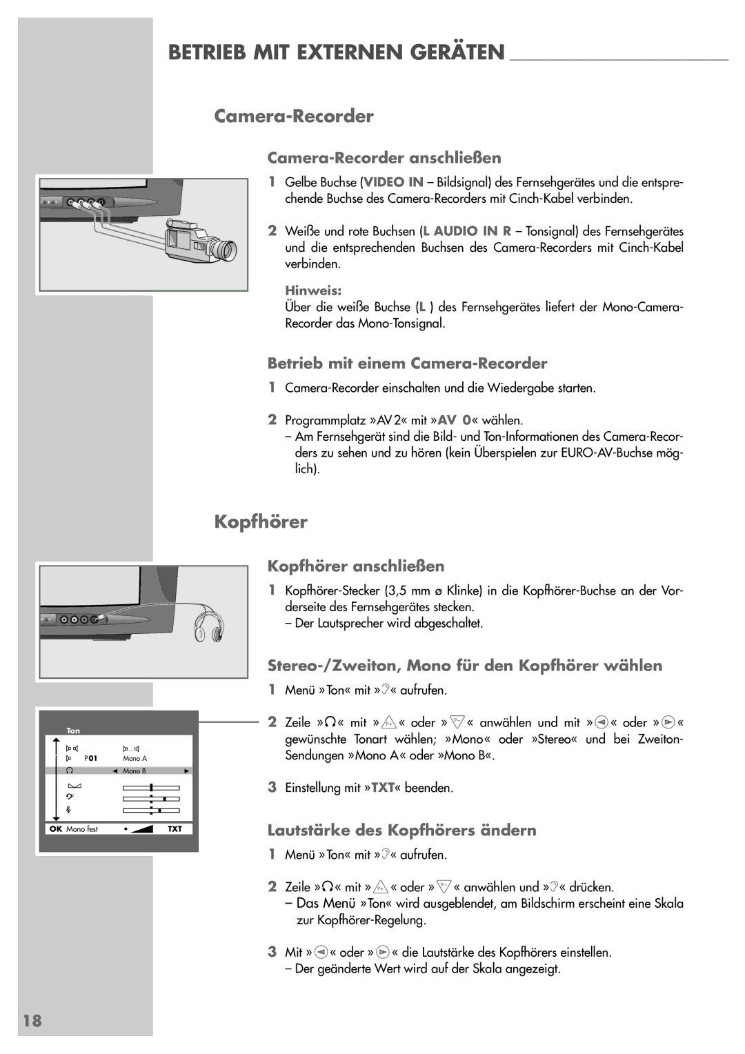 Grundig ST 55-839 manual Camera-Recorder, Kopfhörer 