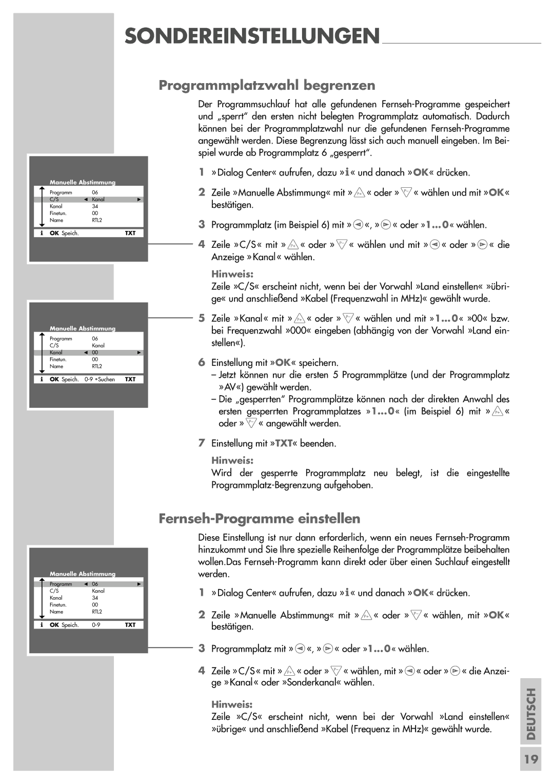 Grundig ST 55-839 manual Programmplatzwahl begrenzen, Fernseh-Programme einstellen 