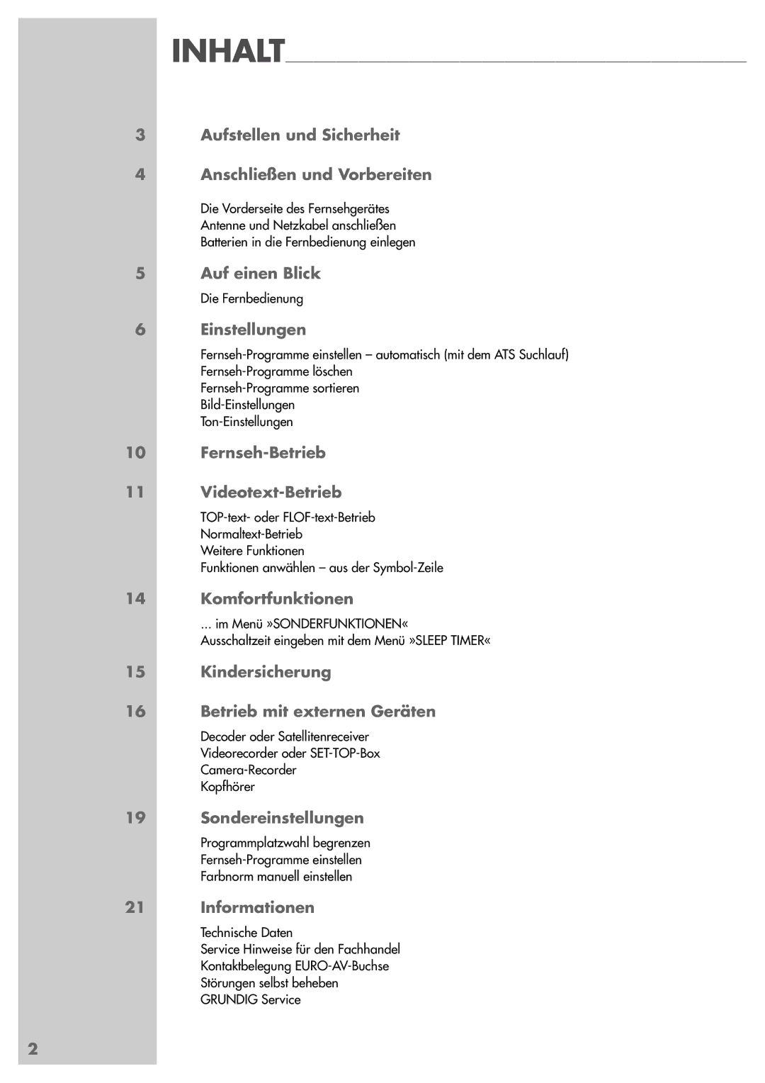 Grundig ST 55-839 Aufstellen und Sicherheit Anschließen und Vorbereiten, Auf einen Blick, Einstellungen, Komfortfunktionen 