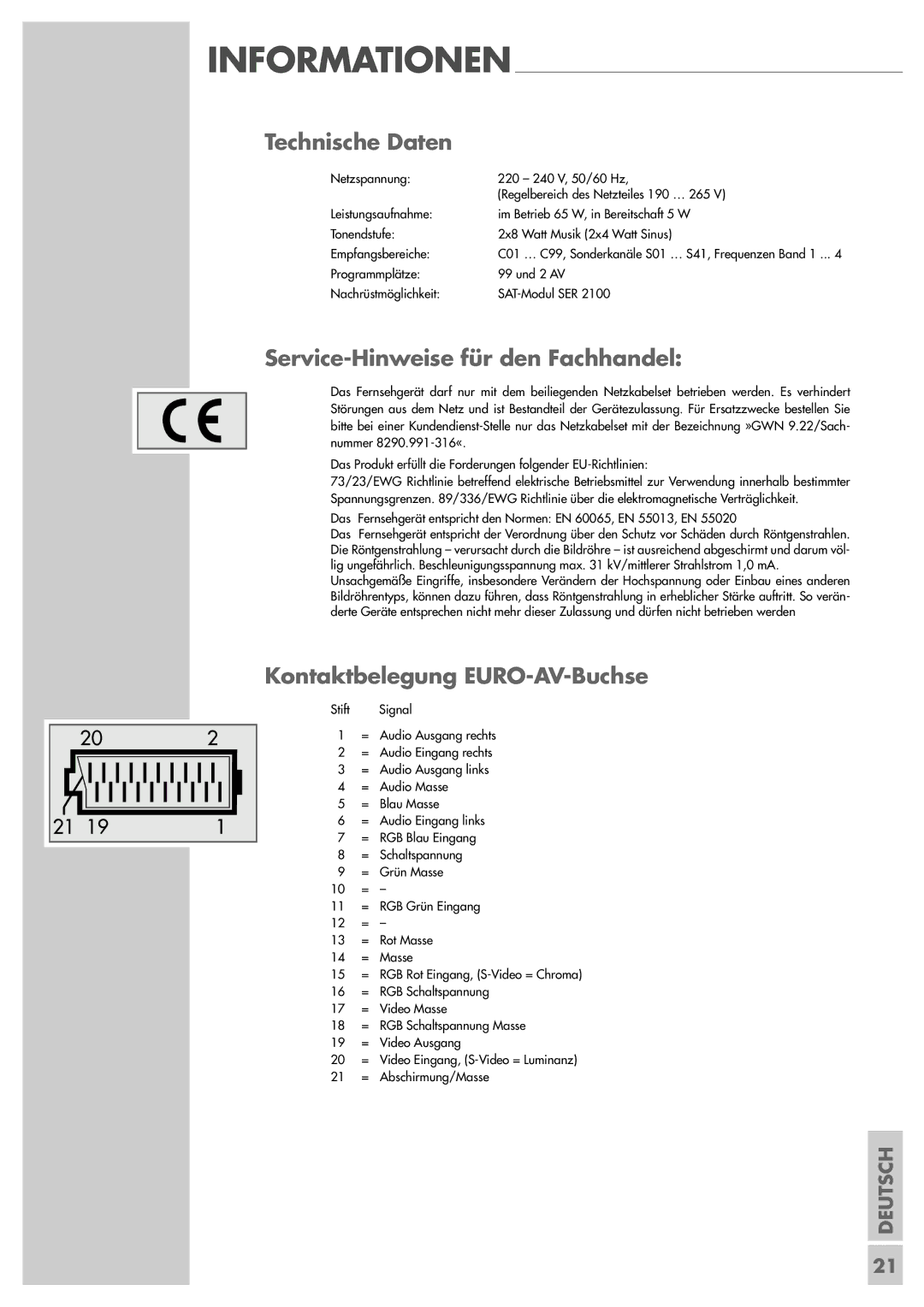 Grundig ST 55-839 manual Technische Daten, Service-Hinweise für den Fachhandel, Kontaktbelegung EURO-AV-Buchse 