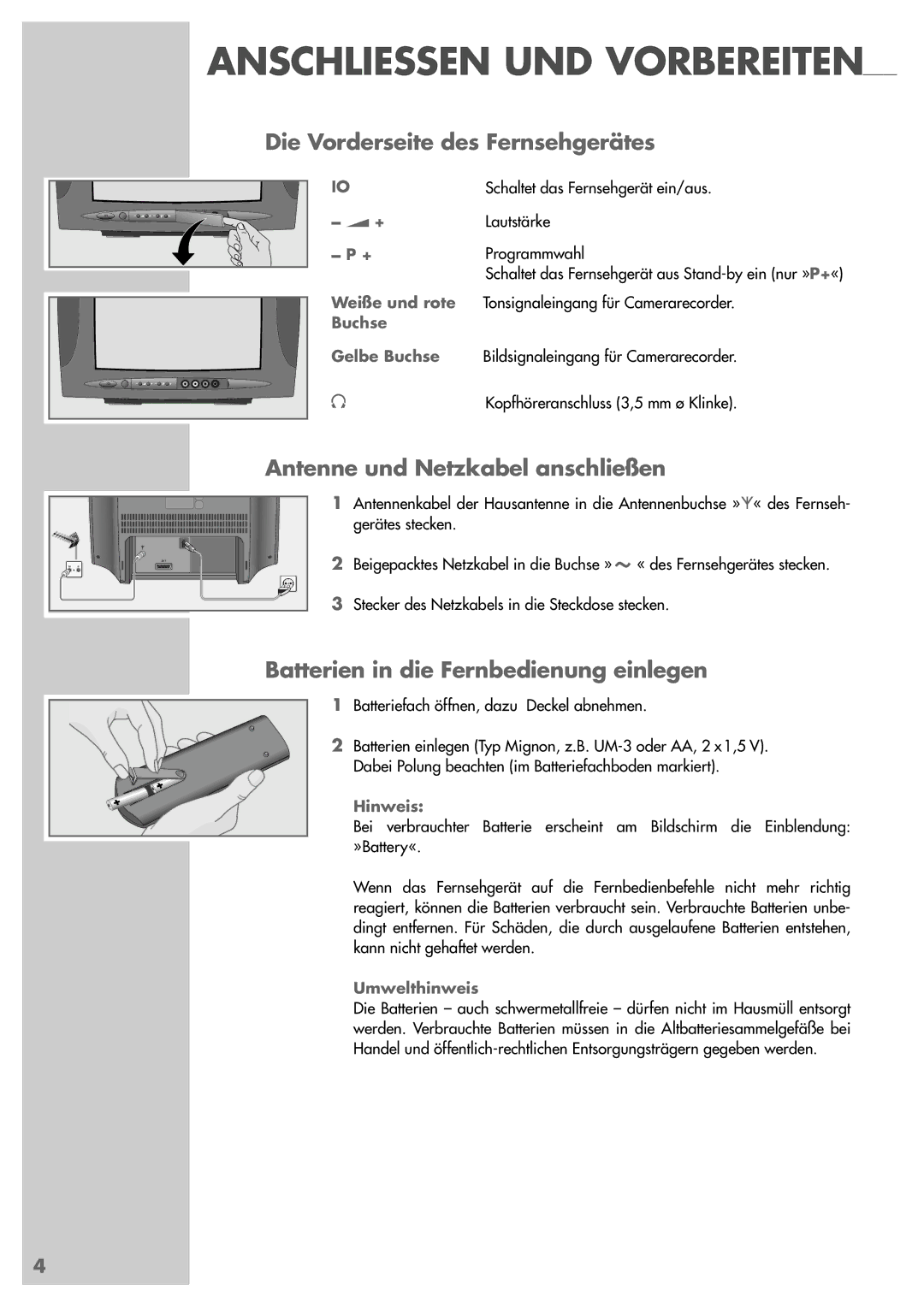 Grundig ST 55-839 manual Die Vorderseite des Fernsehgerätes, Antenne und Netzkabel anschließen 