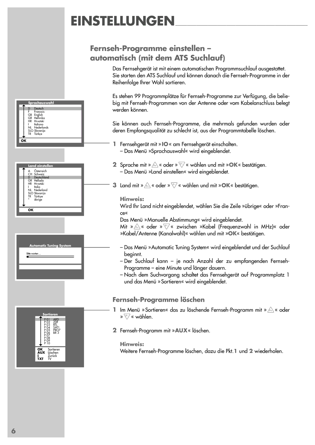 Grundig ST 55-839 manual Fernseh-Programme löschen, Sprachauswahl 