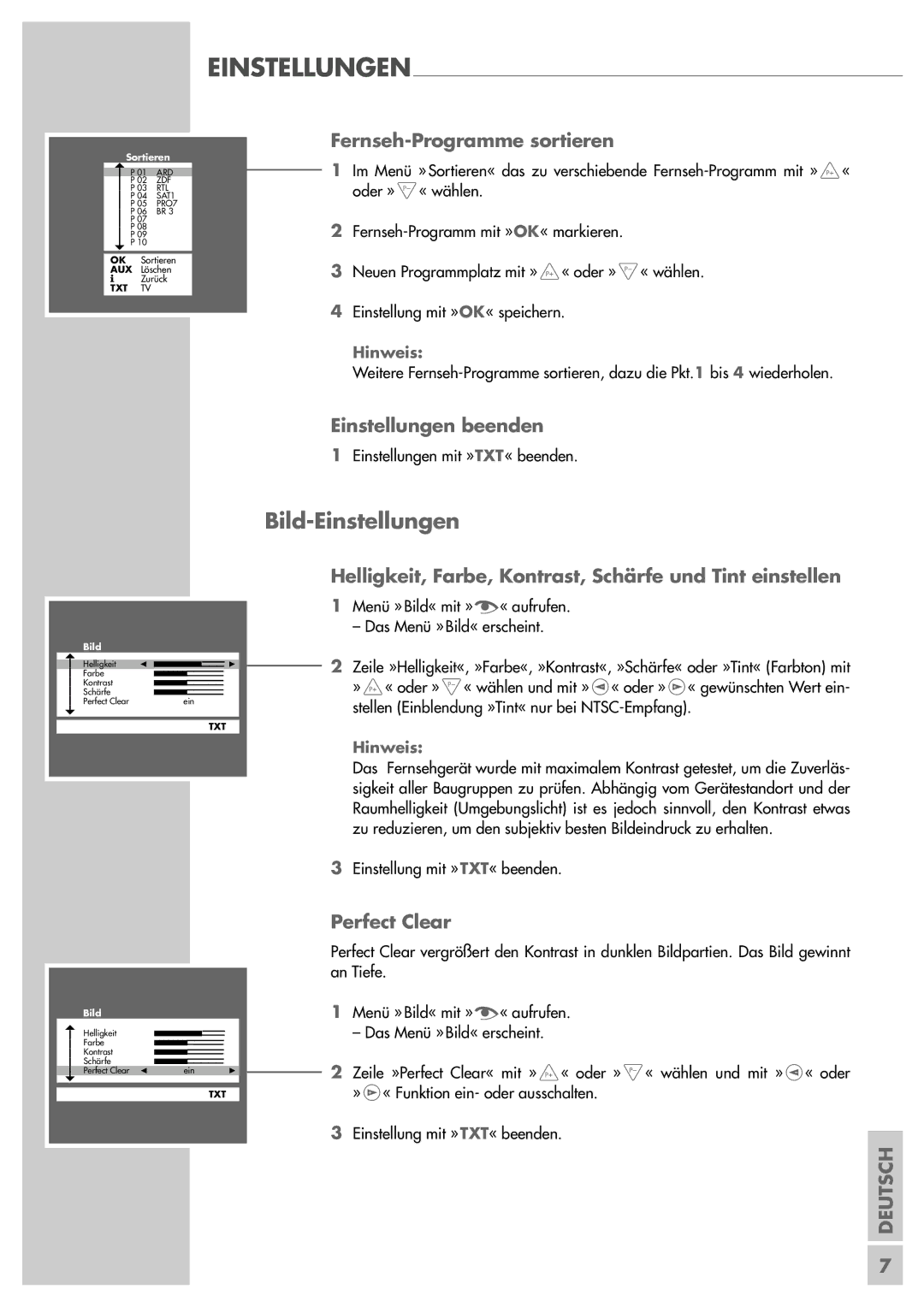 Grundig ST 55-839 manual Bild-Einstellungen, Fernseh-Programme sortieren, Einstellungen beenden, Perfect Clear 