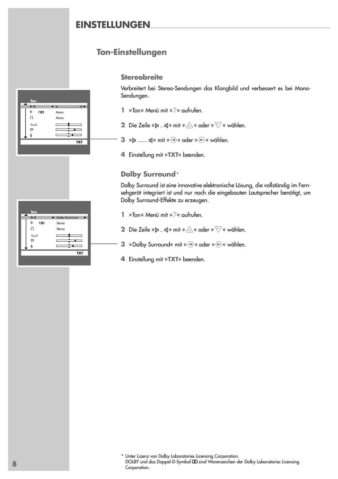 Grundig ST 55-839 manual Ton-Einstellungen, Stereobreite, Dolby Surround 