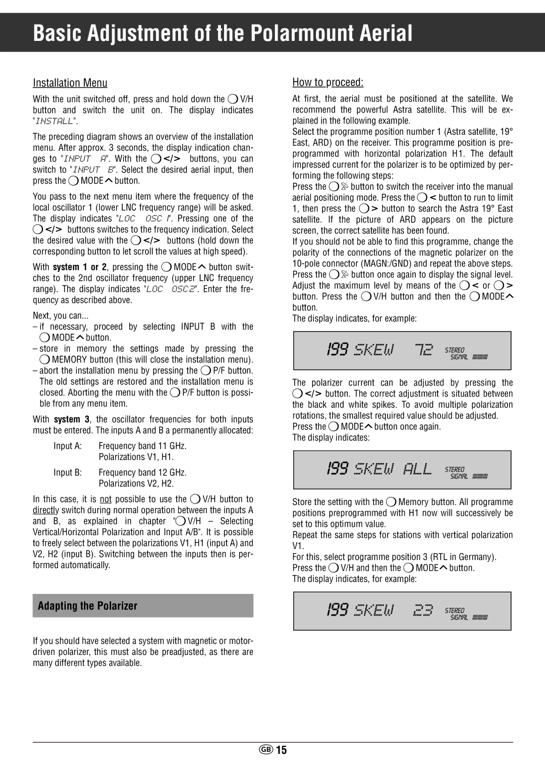 Grundig STR 400 AP manual I99 SKEWXX72 Stereo, I99 Skewxall Stereo, I99 SKEWXX23 Stereo, Adapting the Polarizer 