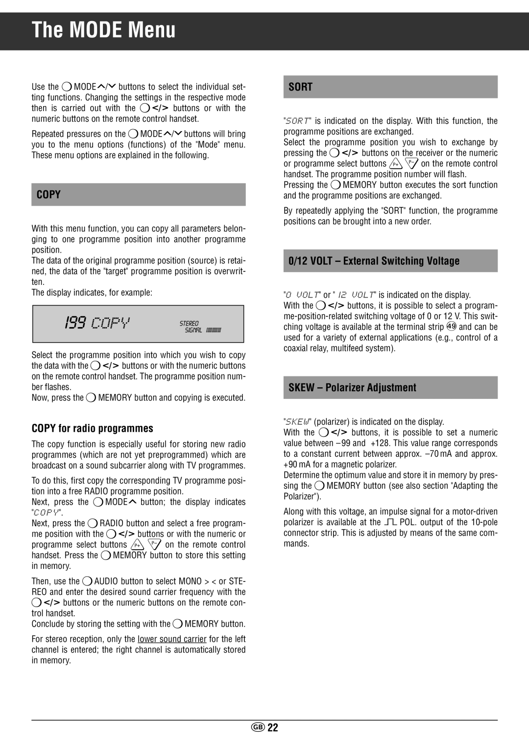 Grundig STR 400 AP manual Copy for radio programmes, Volt External Switching Voltage, Skew Polarizer Adjustment 