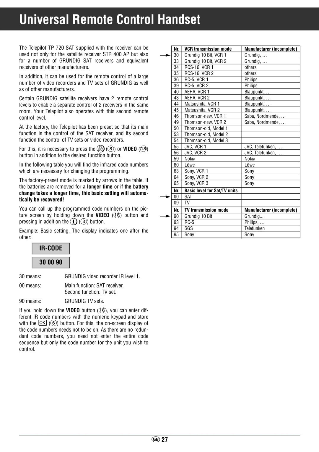 Grundig STR 400 AP manual Universal Remote Control Handset, 30 00, For this, it is necessary to press the ¢TV 8 or Video ßZ 