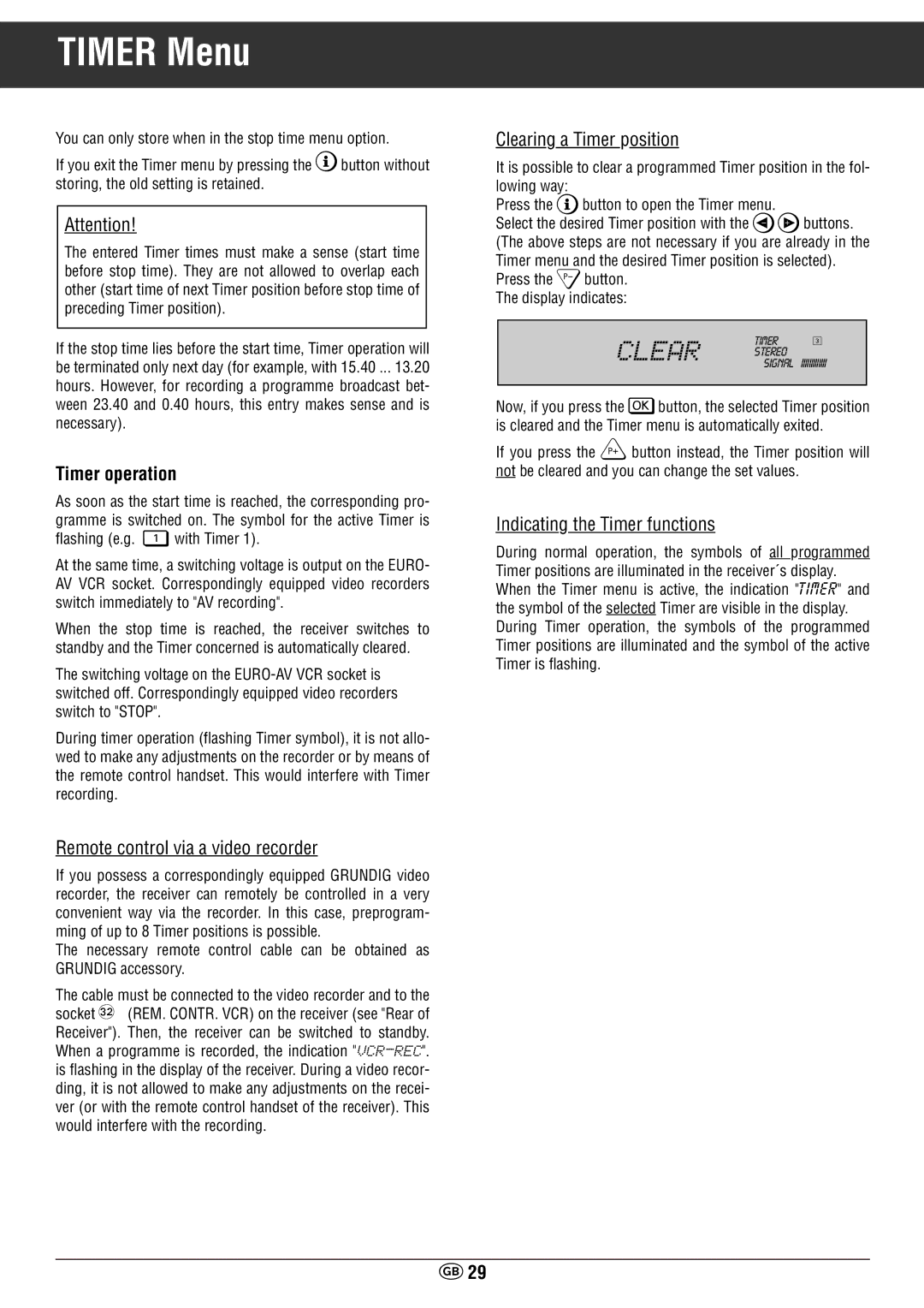 Grundig STR 400 AP manual Timer operation, Remote control via a video recorder 