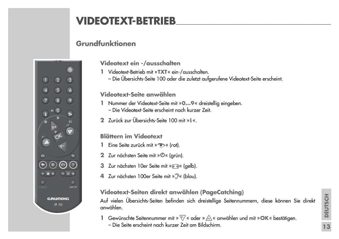 Grundig T55-830 text manual Videotext ein -/ausschalten, Videotext-Seite anwählen, Blättern im Videotext 