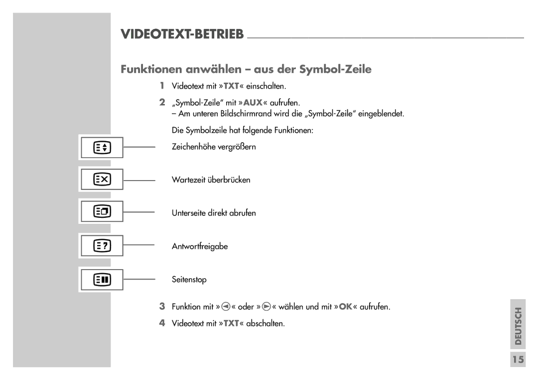 Grundig T55-830 text manual Funktionen anwählen aus der Symbol-Zeile 