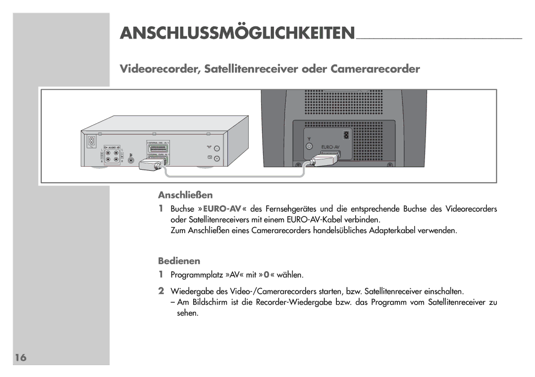 Grundig T55-830 text manual Videorecorder, Satellitenreceiver oder Camerarecorder, Anschließen, Bedienen 