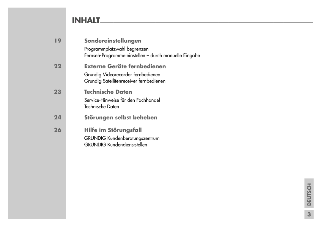 Grundig T55-830 text manual Sondereinstellungen, Externe Geräte fernbedienen, Technische Daten 