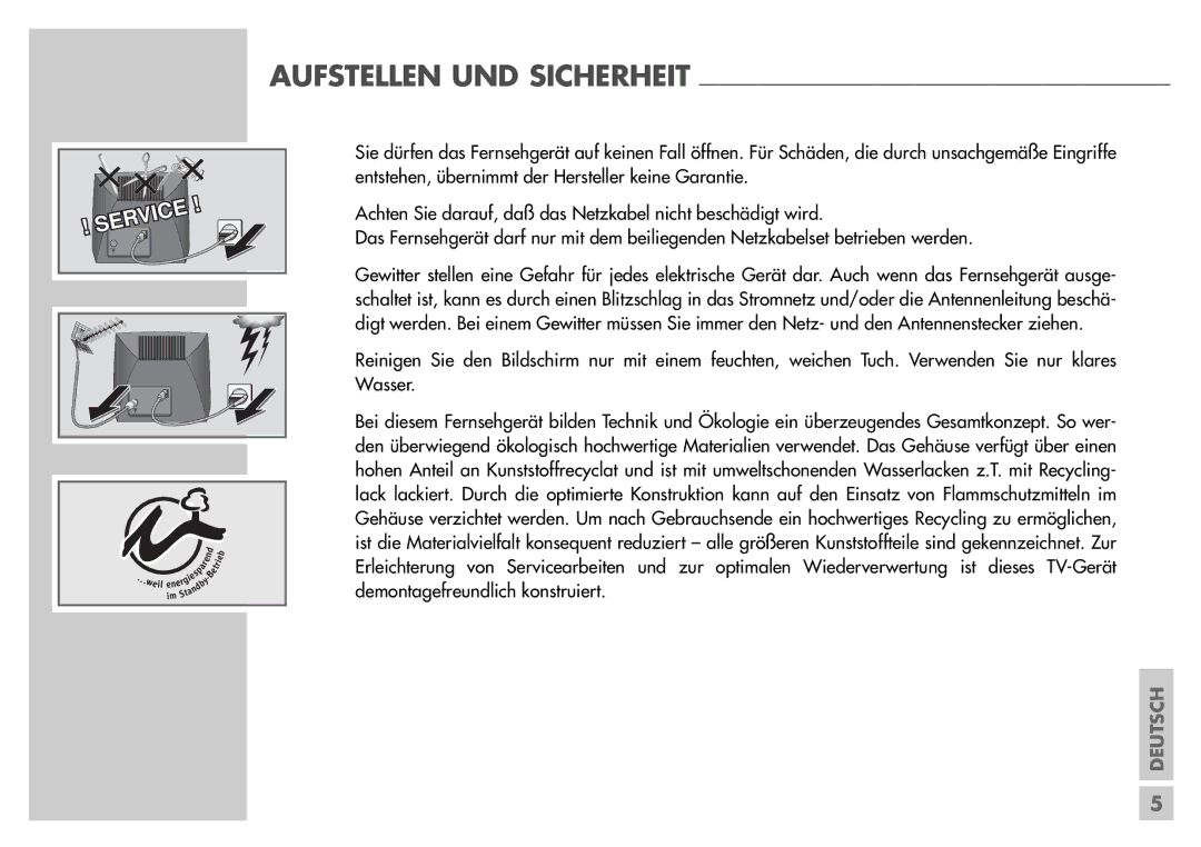 Grundig T55-830 text manual Aufstellen UND Sicherheit 