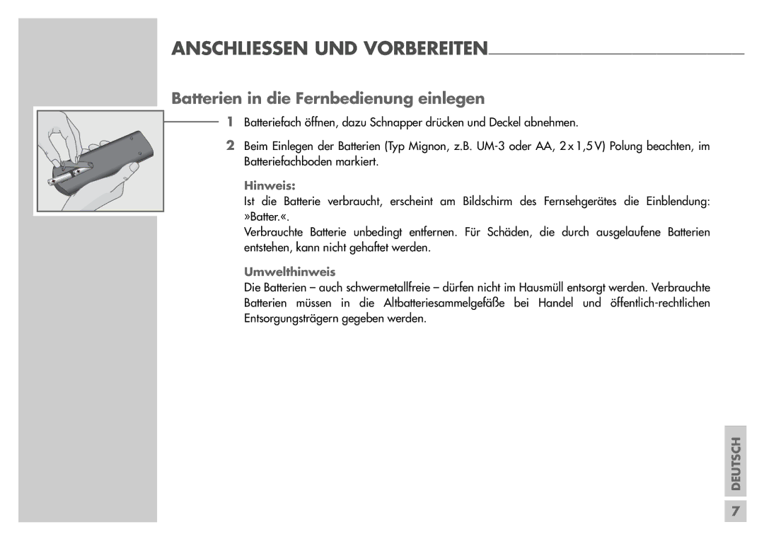 Grundig T55-830 text manual Batterien in die Fernbedienung einlegen, Hinweis 