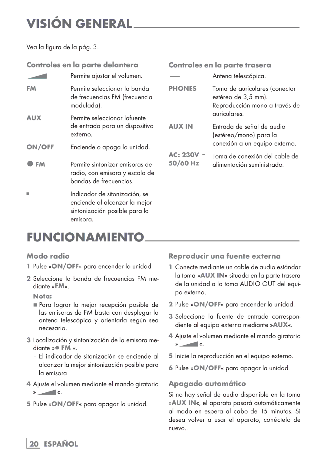 Grundig TR 1200 manual Aux, On/Off, AC 230V ~­ 50/60 Hz, Nota 