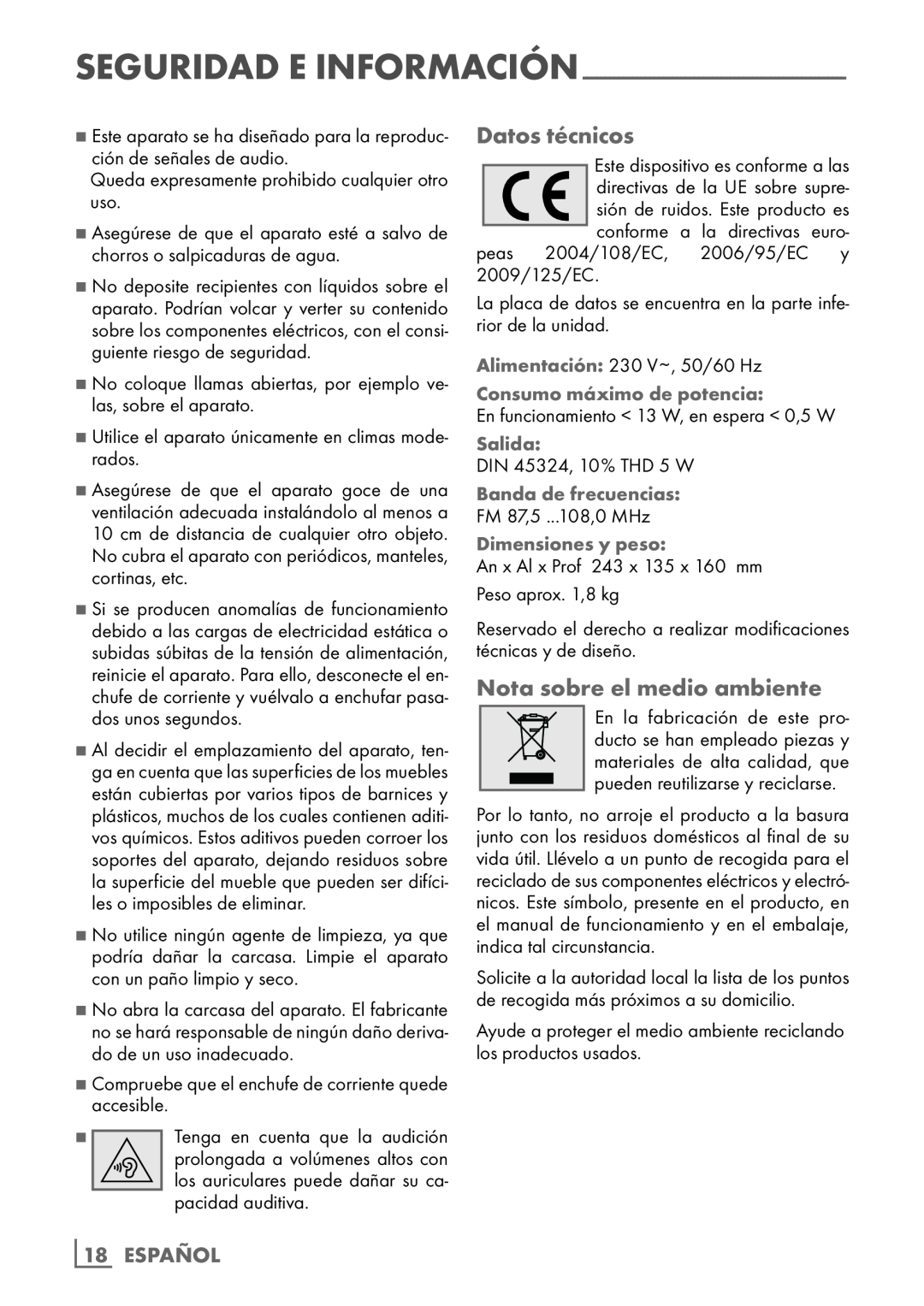 Grundig TR 1200 manual Datos técnicos, Nota sobre el medio ambiente, 18­ ESPAÑOL 
