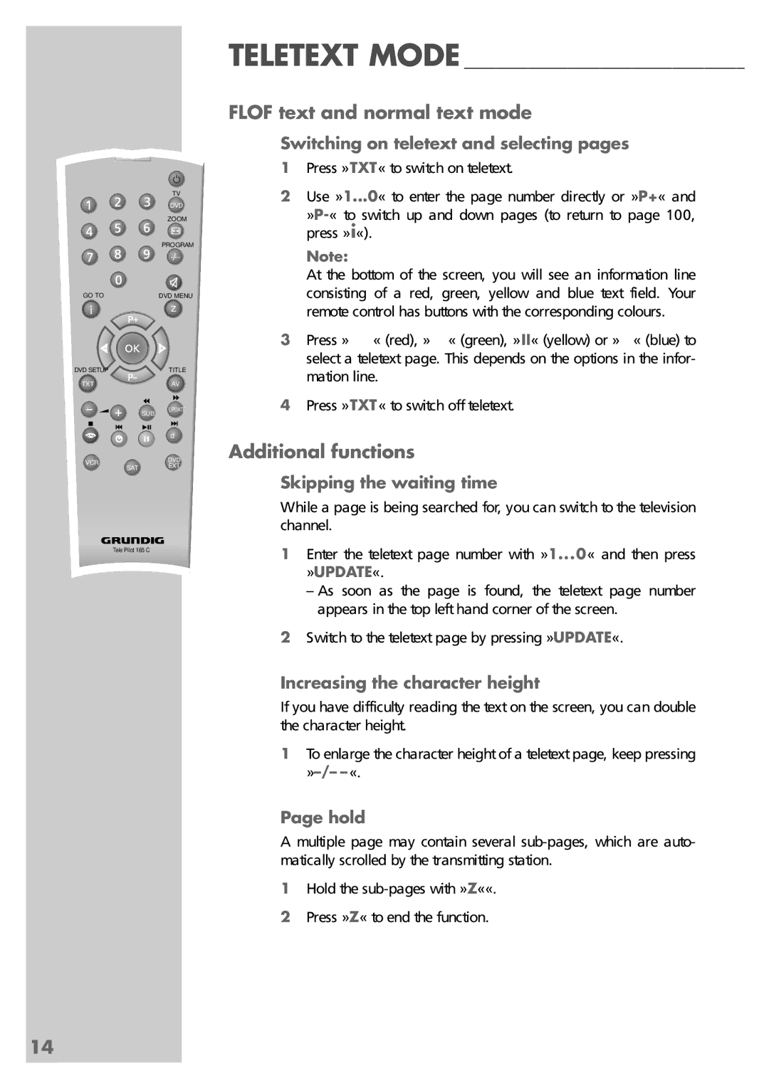 Grundig TVD 40-2501 manual Flof text and normal text mode, Additional functions 