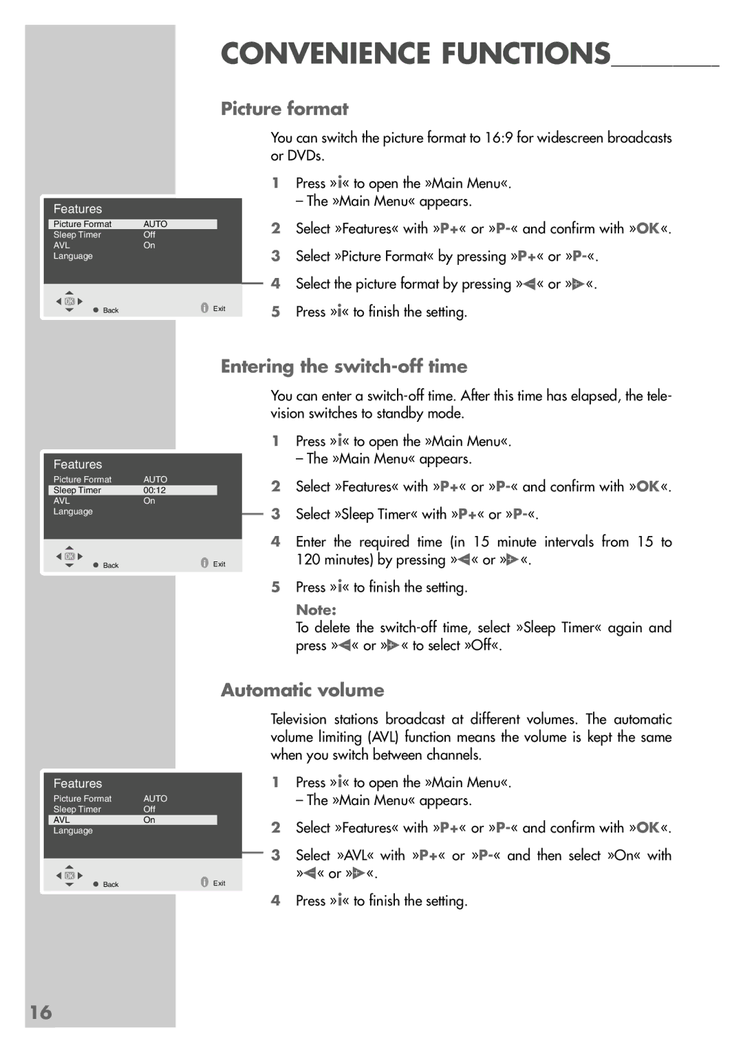 Grundig TVD 40-2501 manual Picture format, Entering the switch-off time, Automatic volume 