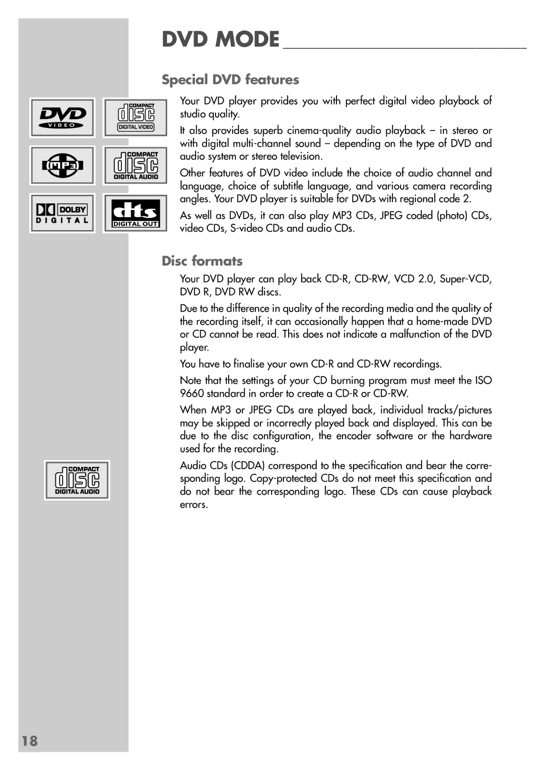 Grundig TVD 40-2501 manual Special DVD features, Disc formats 