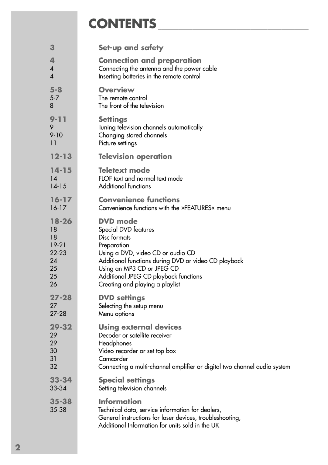 Grundig TVD 40-2501 Set-up and safety Connection and preparation, Overview, Settings, Convenience functions, DVD mode 