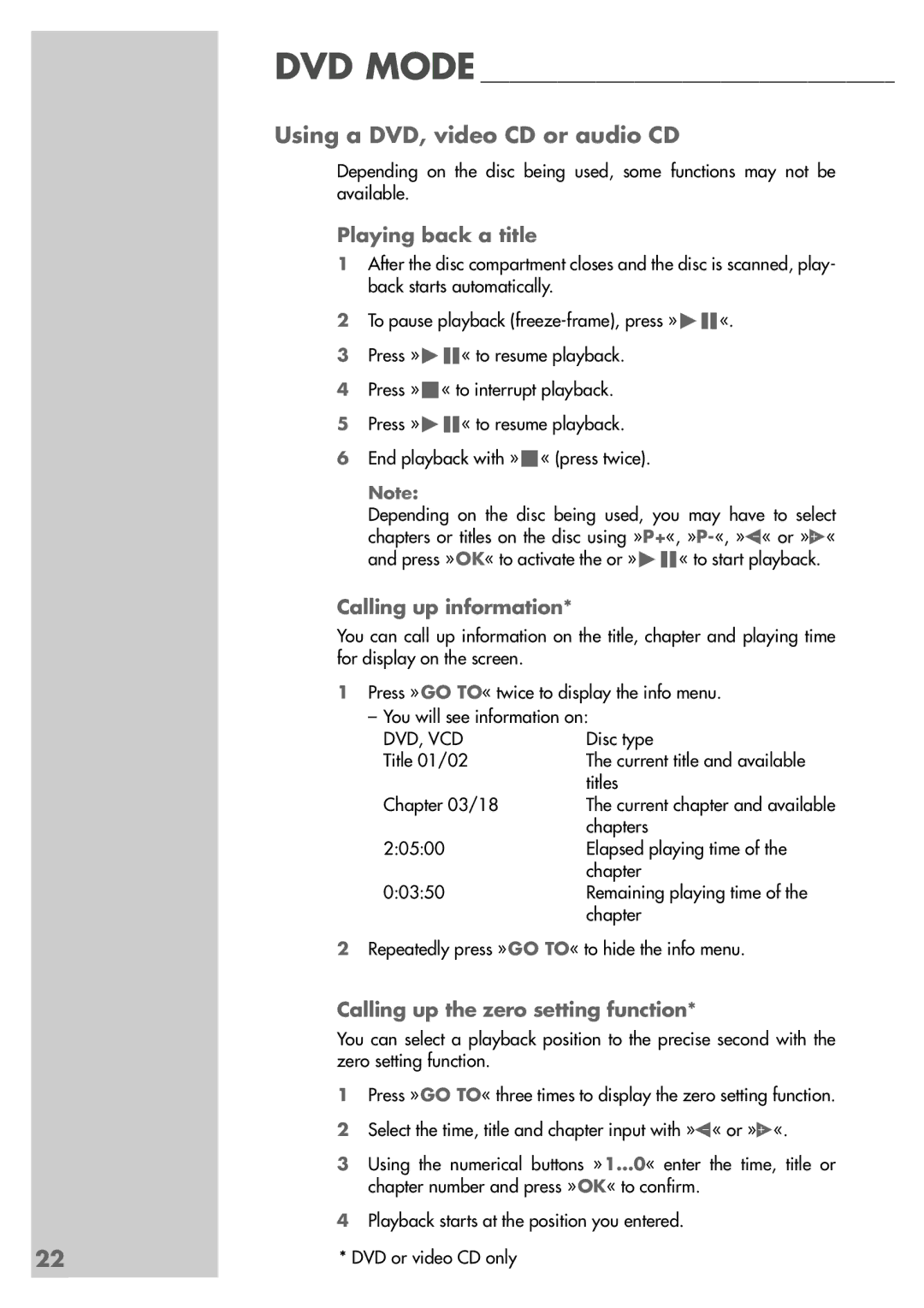 Grundig TVD 40-2501 manual Using a DVD, video CD or audio CD, Playing back a title, Calling up information 
