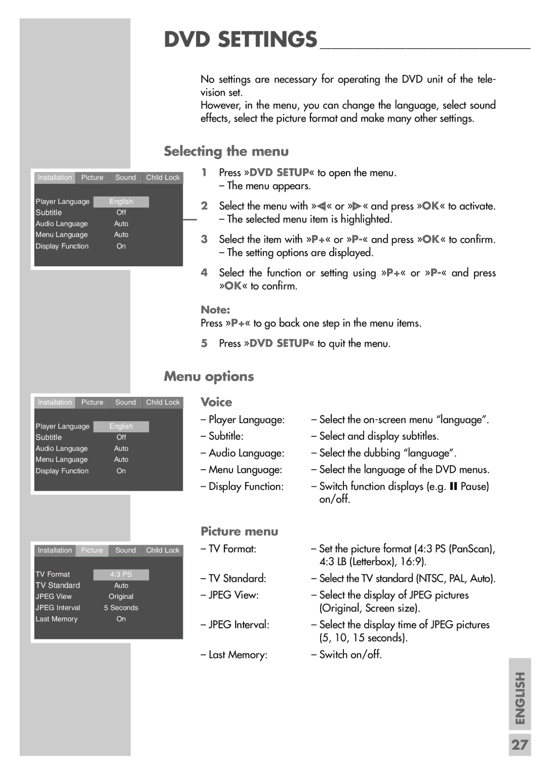 Grundig TVD 40-2501 manual Selecting the menu, Menu options, Voice, Picture menu 