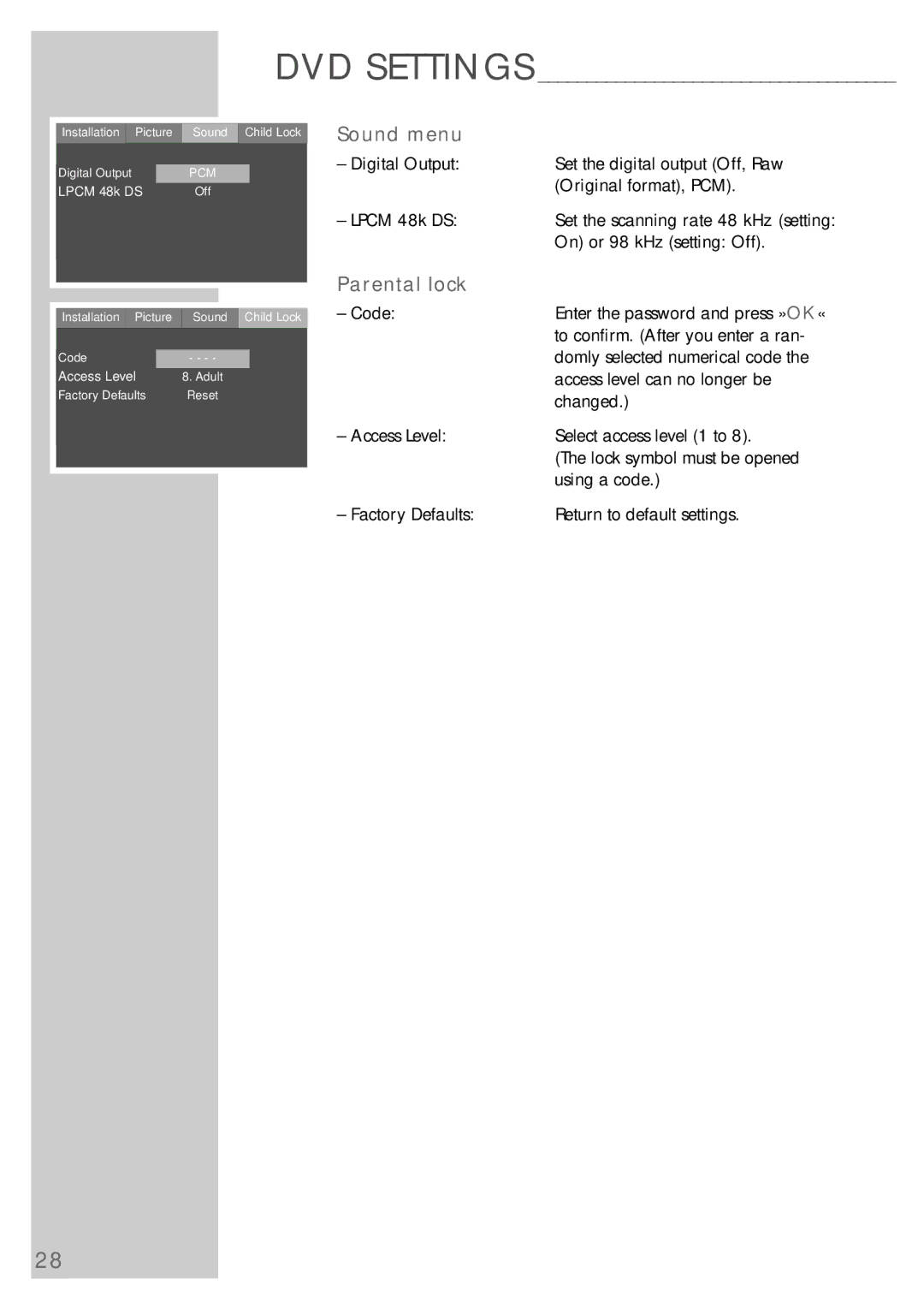 Grundig TVD 40-2501 manual Sound menu, Parental lock 