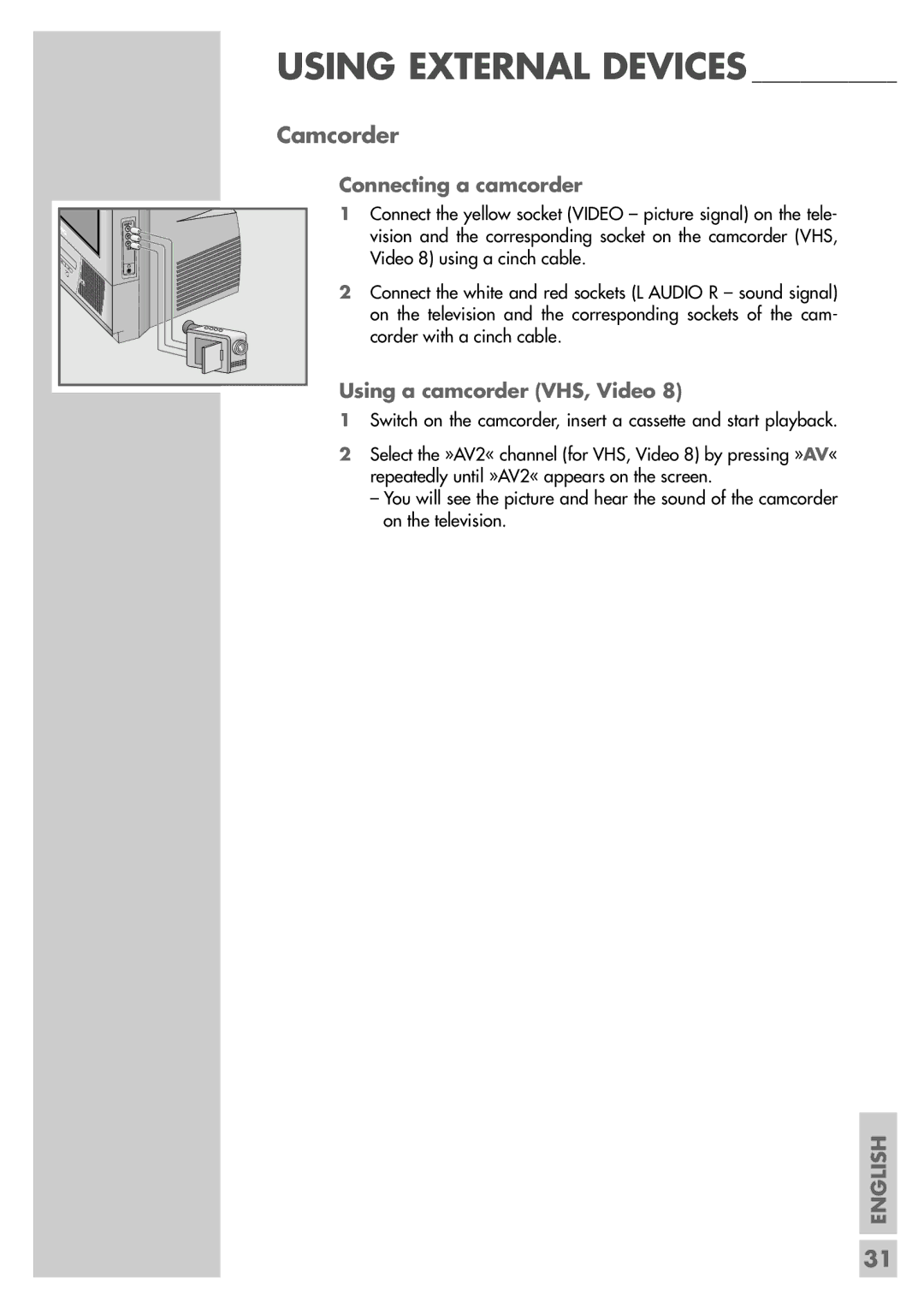 Grundig TVD 40-2501 manual Camcorder, Connecting a camcorder, Using a camcorder VHS, Video 