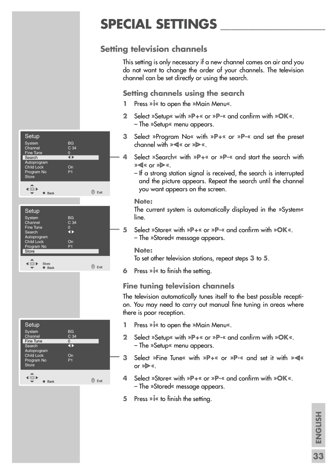 Grundig TVD 40-2501 manual Setting television channels, Setting channels using the search, Fine tuning television channels 