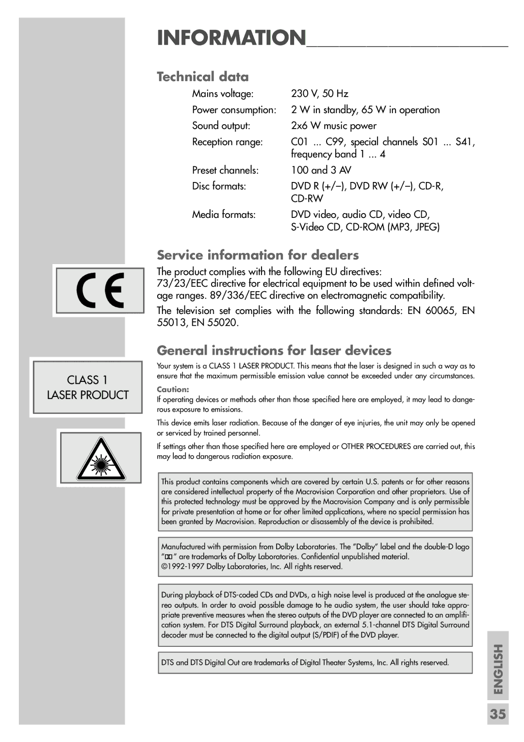 Grundig TVD 40-2501 manual Technical data, Service information for dealers, General instructions for laser devices 