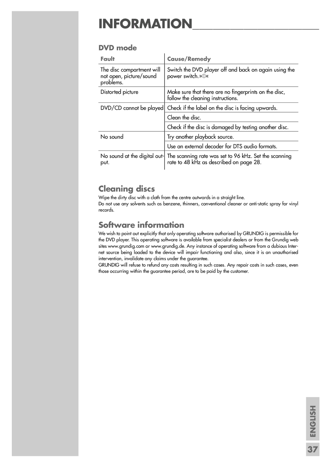 Grundig TVD 40-2501 manual Cleaning discs, Software information 