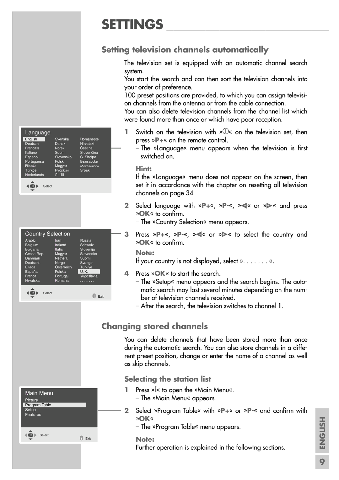 Grundig TVD 40-2501 manual Setting television channels automatically, Changing stored channels, Selecting the station list 