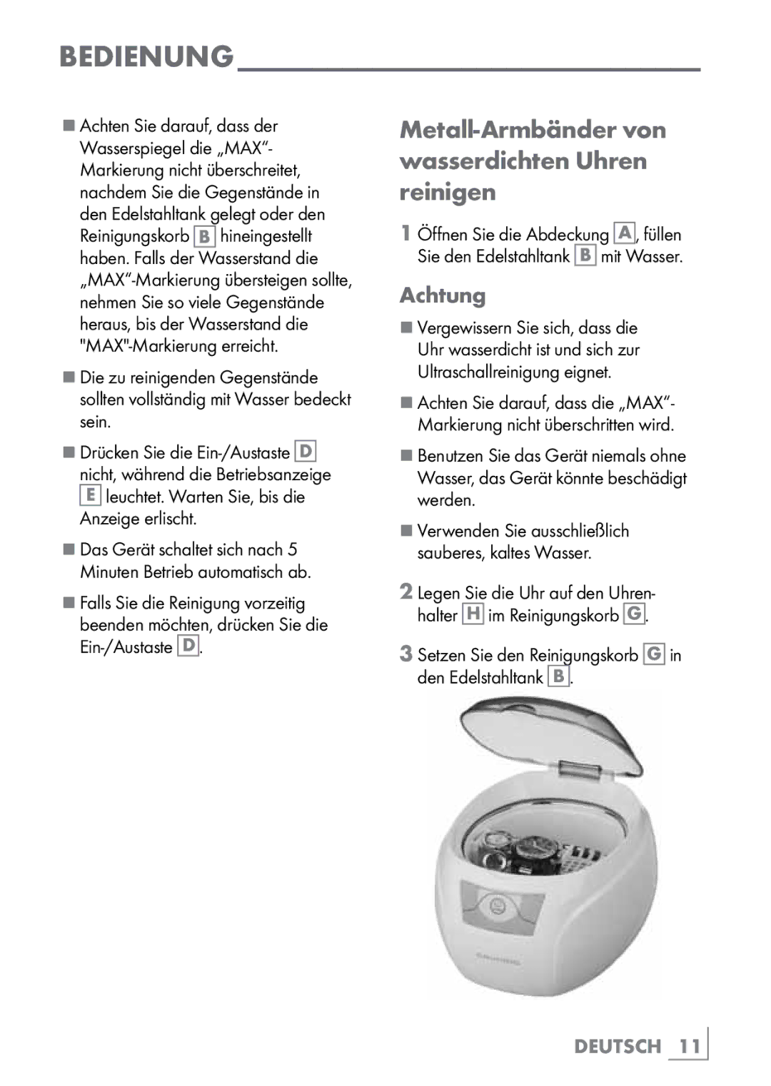 Grundig UC 5020 manual Metall-Armbänder von wasserdichten Uhren reinigen 