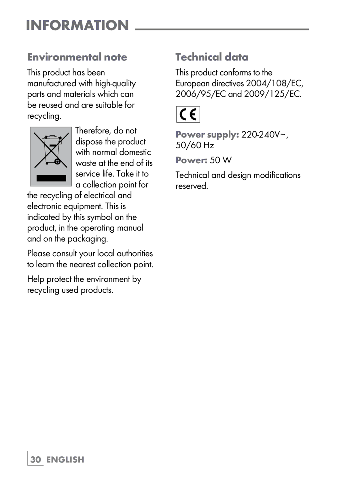 Grundig UC5020 manual Environmental note, Technical data, Technical and design modifications reserved 